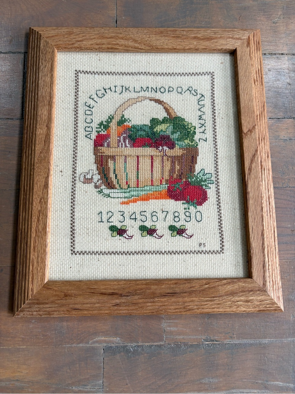 Framed Cross-Stitch Basket Sampler - Neutral Brown & Green